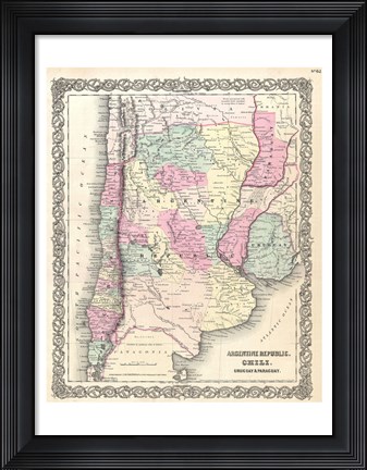 Framed 1855 Colton Map of Argentina, Chile, Paraguay and Uruguay Print