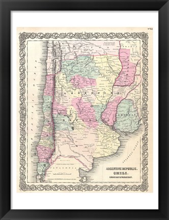 Framed 1855 Colton Map of Argentina, Chile, Paraguay and Uruguay Print