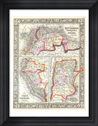Framed 1860 Mitchell&#39;s Map of Peru, Ecuador, Venezuela, Columbia and Argentina Print