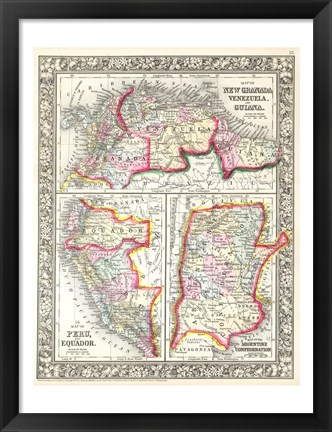 Framed 1860 Mitchell&#39;s Map of Peru, Ecuador, Venezuela, Columbia and Argentina Print