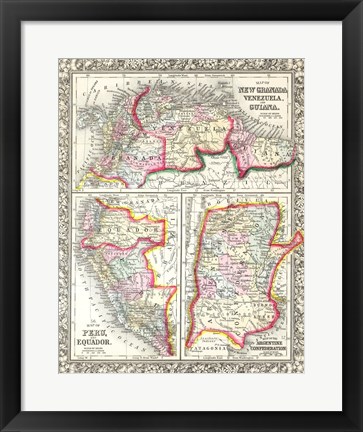 Framed 1860 Mitchell&#39;s Map of Peru, Ecuador, Venezuela, Columbia and Argentina Print