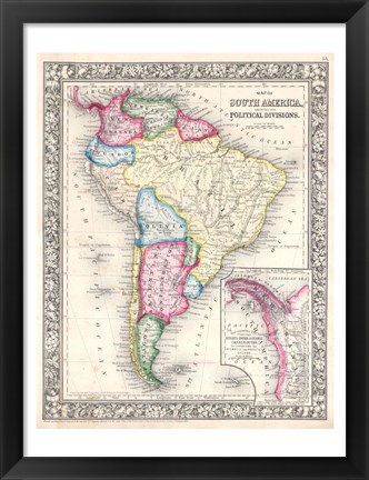 Framed 1864 Mitchell Map of Brazil, Bolivia and Chili Print