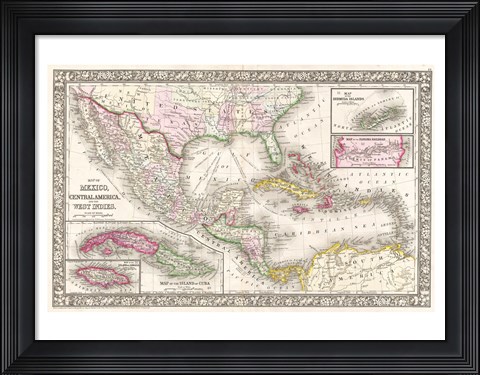Framed 1866 Mitchell Map of Mexico and the West Indies Print