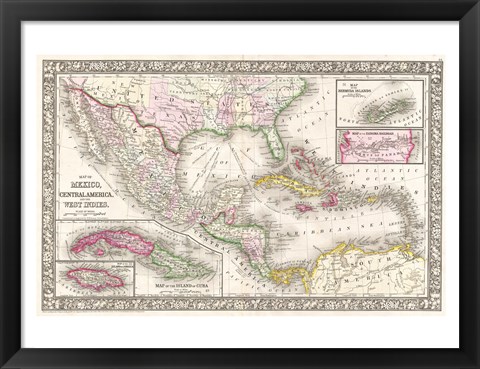 Framed 1866 Mitchell Map of Mexico and the West Indies Print