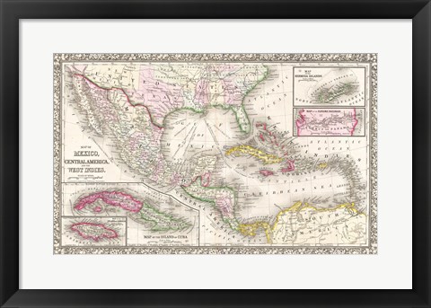 Framed 1866 Mitchell Map of Mexico and the West Indies Print