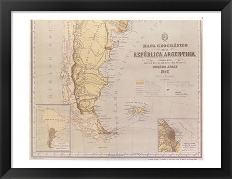 Framed Map of Argentina 1883 Print