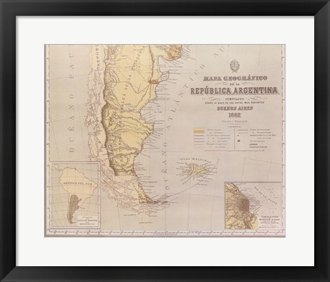 Framed Map of Argentina 1883 Print