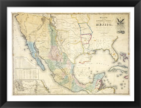 Framed Map of Mexico 1847 Print