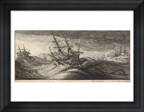 Framed Wenceslas Hollar - Warships and a Spouting Whale Print