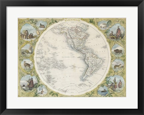 Framed 1850 Tallis Map of the Western Hemisphere Print