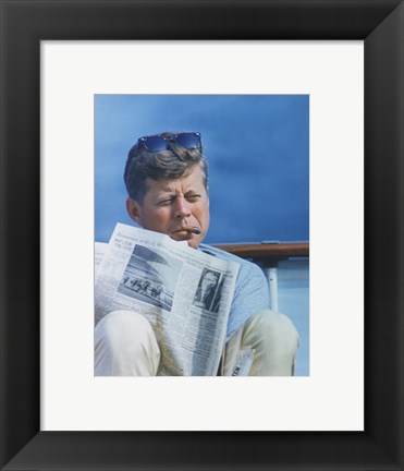Framed President Kennedy Reading the New York Times Print