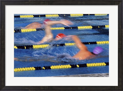 Framed Rear view of three swimmers racing in a swimming pool Print