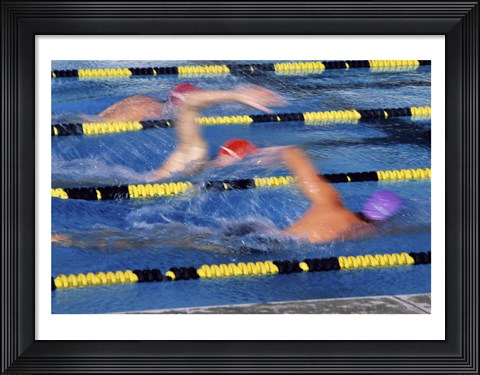 Framed Rear view of three swimmers racing in a swimming pool Print