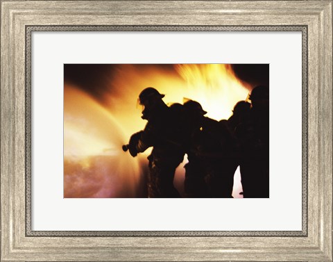 Framed Firefighters Extinguishing A Fire With Water Print