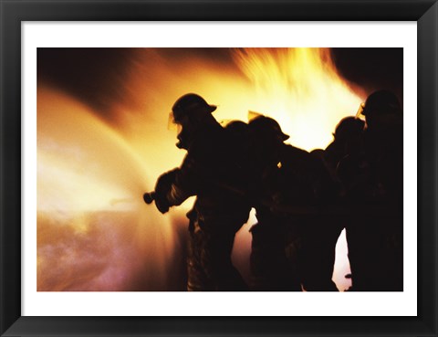 Framed Firefighters Extinguishing A Fire With Water Print