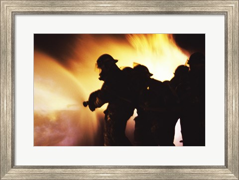 Framed Firefighters Extinguishing A Fire With Water Print