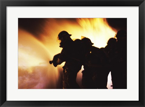 Framed Firefighters Extinguishing A Fire With Water Print