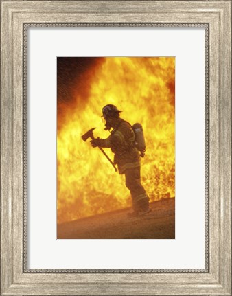 Framed Side profile - firefighter holding an axe Print