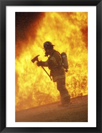 Framed Side profile - firefighter holding an axe Print