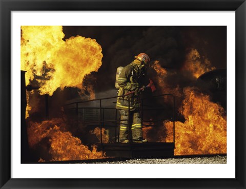 Framed Side profile of a firefighter holding an axe Print