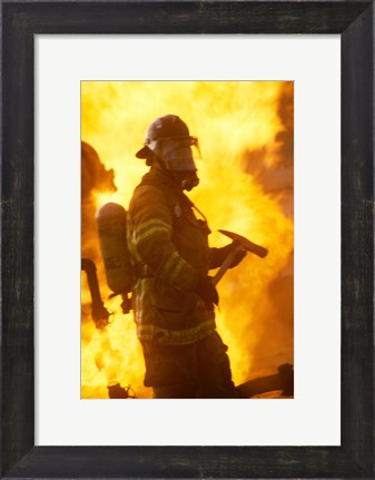 Framed Side profile of a firefighter (holding axe) Print