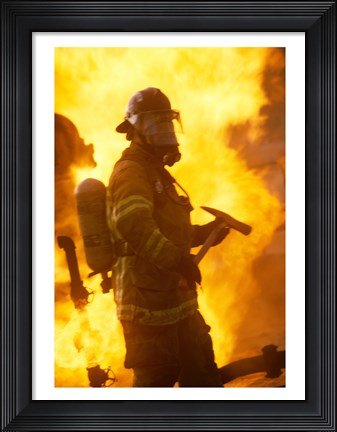 Framed Side profile of a firefighter (holding axe) Print