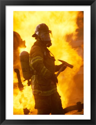 Framed Side profile of a firefighter (holding axe) Print