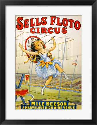 Framed Floto Circus Presents M&#39;lle Beeson, a marvelous high wire Venus, Performance Poster,1921 Print