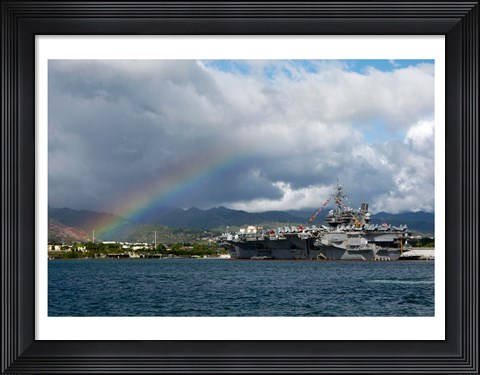 Framed US Navy, A Rainbow Arches Near the Aircraft Carrier USS Kitty Hawk Print