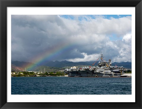 Framed US Navy, A Rainbow Arches Near the Aircraft Carrier USS Kitty Hawk Print