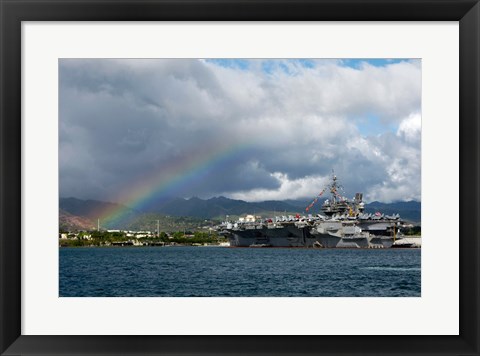 Framed US Navy, A Rainbow Arches Near the Aircraft Carrier USS Kitty Hawk Print