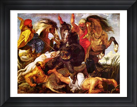Framed Hippopotamus and Crockodile Hunt Print