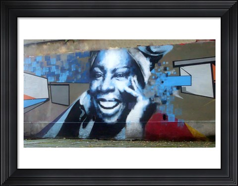 Framed Graffiti of blue smiling women with abstract background somewhere in Gdynia Print