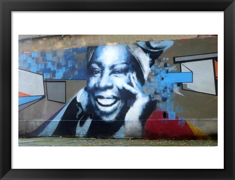 Framed Graffiti of blue smiling women with abstract background somewhere in Gdynia Print