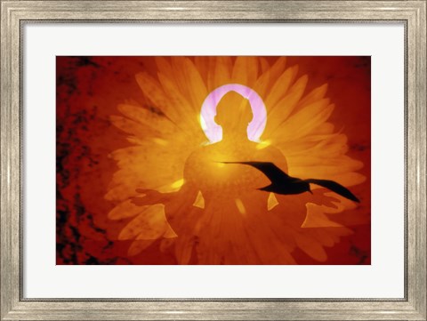Framed Image of a flower and bird superimposed on a person meditating Print