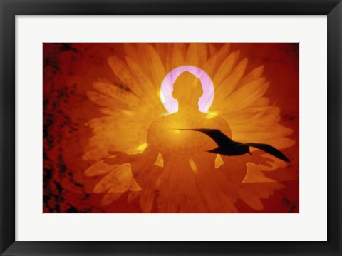 Framed Image of a flower and bird superimposed on a person meditating Print