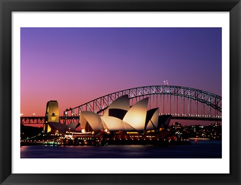 Framed Opera house lit up at night, Sydney Opera House, Sydney Harbor Bridge, Sydney, Australia Print