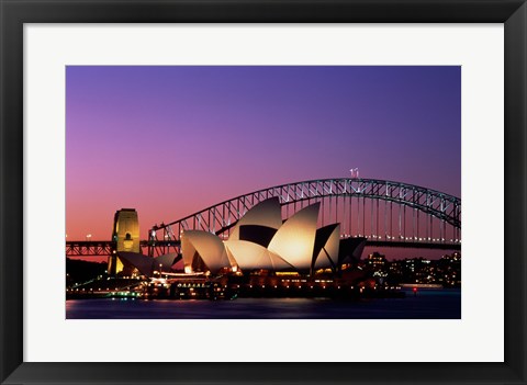 Framed Opera house lit up at night, Sydney Opera House, Sydney Harbor Bridge, Sydney, Australia Print