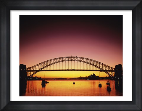 Framed Silhouette of a bridge across a harbor, Sydney Harbor Bridge, Sydney, New South Wales, Australia Print