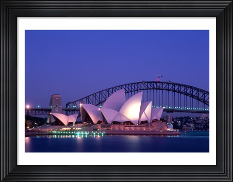 Framed Opera house lit up at dusk, Sydney Opera House, Sydney Harbor Bridge, Sydney, Australia Print