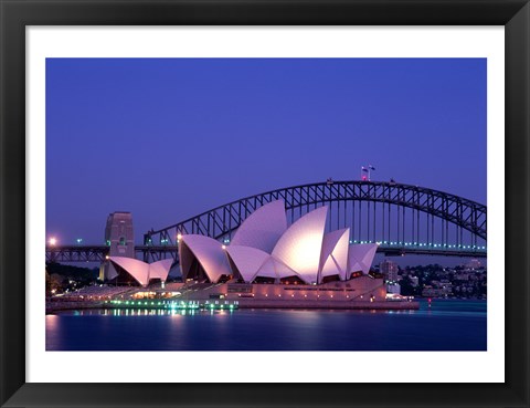 Framed Opera house lit up at dusk, Sydney Opera House, Sydney Harbor Bridge, Sydney, Australia Print