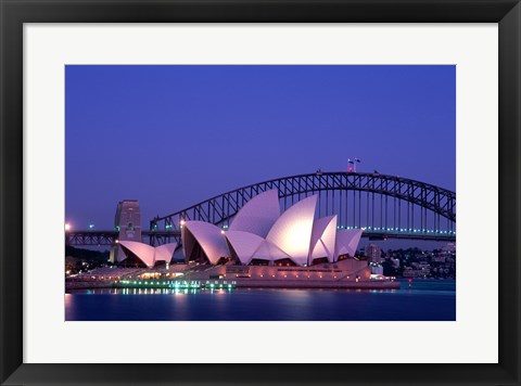 Framed Opera house lit up at dusk, Sydney Opera House, Sydney Harbor Bridge, Sydney, Australia Print