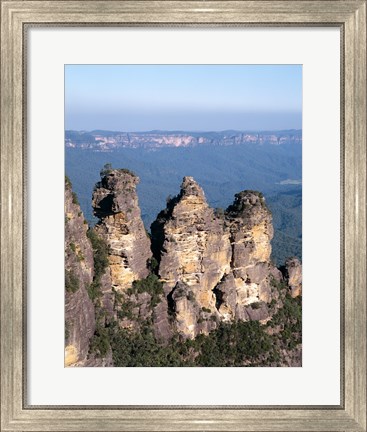 Framed High angle view of rock formations, Three Sisters, Blue Mountains National Park, Katoomba, Australia Print