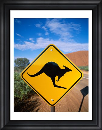 Framed Kangaroo sign on a road with a rock formation in the background, Ayers Rock Print
