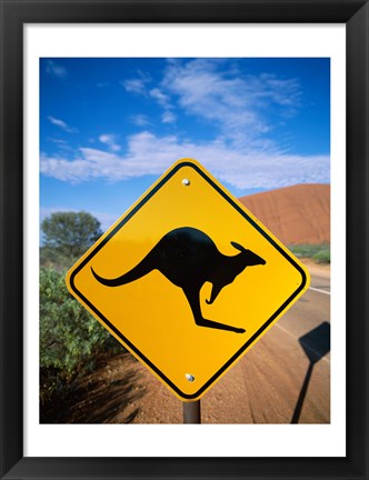 Framed Kangaroo sign on a road with a rock formation in the background, Ayers Rock Print