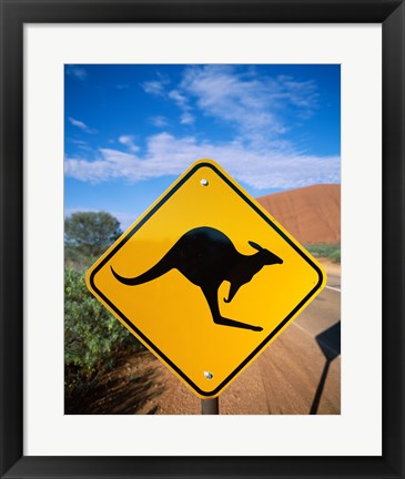 Framed Kangaroo sign on a road with a rock formation in the background, Ayers Rock Print