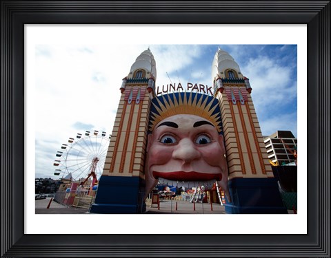 Framed Low angle view of the entrance to an amusement park, Luna Park, Sydney, New South Wales, Australia Print