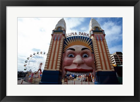 Framed Low angle view of the entrance to an amusement park, Luna Park, Sydney, New South Wales, Australia Print