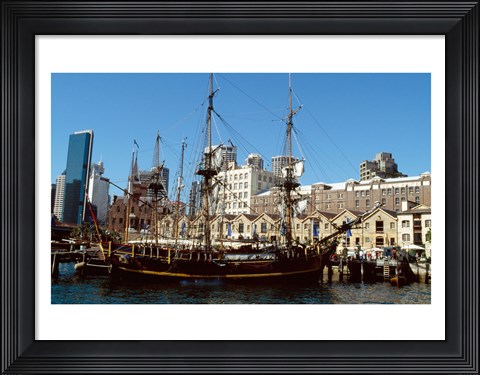 Framed Sailing ship moored in a harbor, Waterfront Restaurant, Sydney, New South Wales, Australia Print