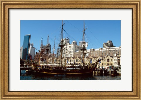 Framed Sailing ship moored in a harbor, Waterfront Restaurant, Sydney, New South Wales, Australia Print